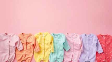 "Multicolor jumpsuits for newborns are showcased on a pink background."

