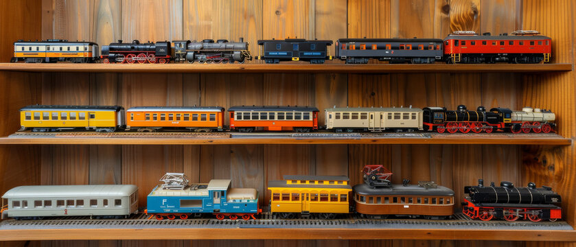 Shelved display of model trains in various sizes and colors, showcasing a rich collection of train replicas indoors.
