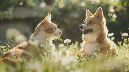 A cute couple of furry friends little cat and a little dog playing together in the garden on a beautiful sunny day
