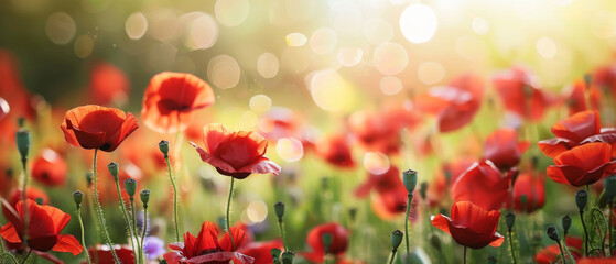 Fototapeta premium A serene field of crimson poppies bathed in golden sunlight with sparkling bokeh in the background, evoking a sense of peace and natural beauty.