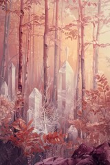 A forest of trees with crystals on the ground, symbolizing the crystallization of natural creativity.