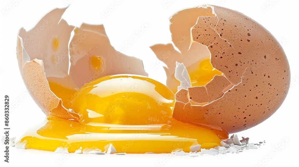 Poster close-up of a broken egg with yolk and shell on white background. high-quality image for culinary, f
