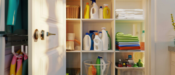 An immaculately organized storage closet boasts a mix of cleaning supplies and folded linens, accentuated by warm, natural light flooding in.