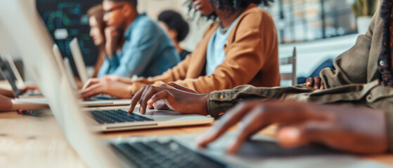 Diverse team working on laptops, each deeply engaged in their individual tasks, in a dynamic and collaborative office setting.