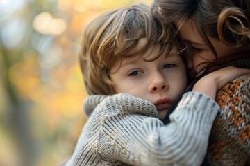 Fototapeta premium Mother's Day, mom hugging kid, mother comforting her son during a moment of distress in autumn park, portraying a secure attachment bond and emotional security
