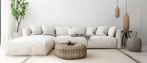 Obraz premium A minimalist living room adorned with neutral tones, natural light, a cozy sofa, and tasteful decor, exuding a sense of calm and comfort.