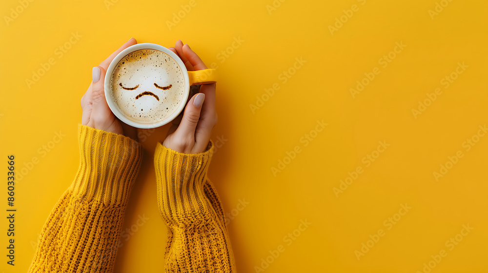 Wall mural a woman hands holding a cup of coffee with a sad face emoji on a yellow background with copu space f