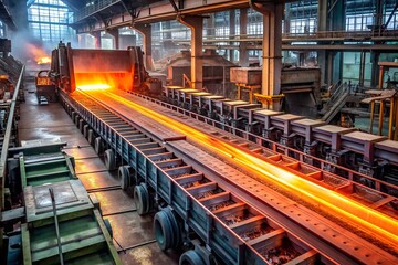 Rolled metal factory. Hot iron slab moving on conveyor of metal rolling mill