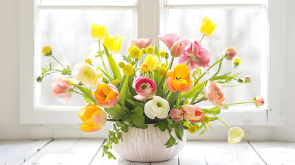 Flower arrangement with tulips and ranunculus on a white wooden floor Spring flower arrangement in a vase : Generative AI
