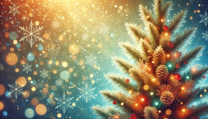 Fototapeta premium A beautiful, festive background featuring a Christmas tree with frosted branches