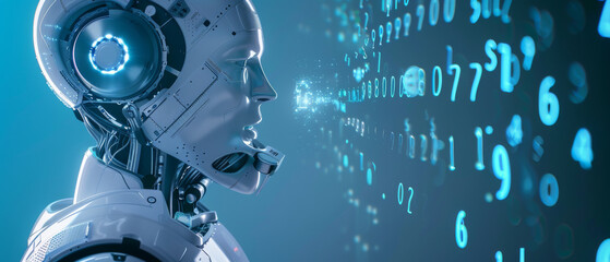 A robot's profile interacts with streams of animated data, representing advanced artificial intelligence in a futuristic digital landscape.