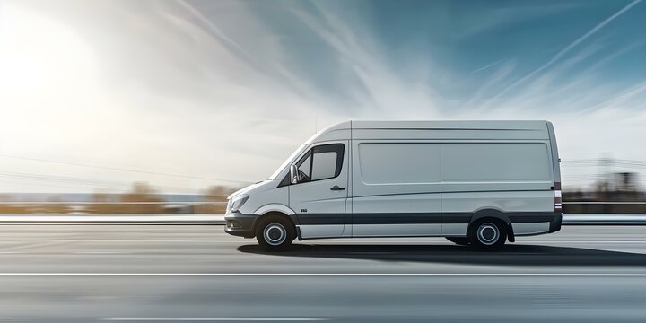 Modern white delivery van speeds on highway for express business logistics service. Concept Delivery Van, Highway, Logistics, Business Service, Express Delivery