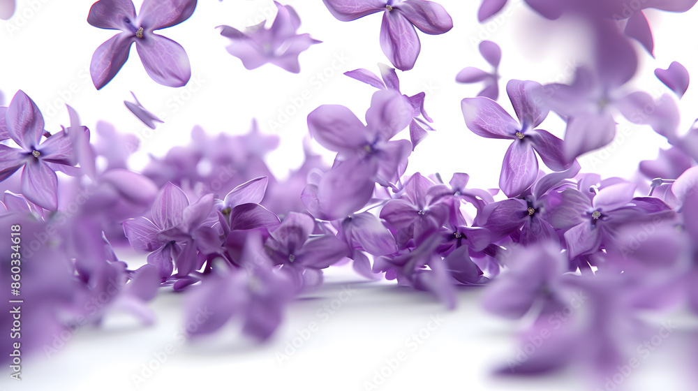 Poster Fresh lilac blossom beautiful purple flowers falling in the air isolated on white background Zero gravity or levitation spring flowers conception high resolution image : Generative AI