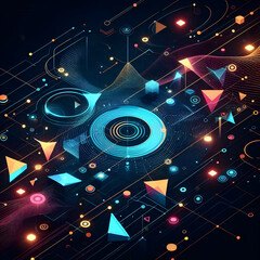 Dynamic pattern  with neon geometric shapes. AI Generated