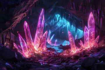 A network of dark caves illuminated by glowing crystals, symbolizing the discovery and exploration of hidden ideas.