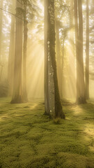 A tranquil forest bathed in golden sunlight, with rays filtering through tall trees onto a moss-covered ground, creating a serene scene.
