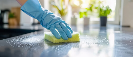 A gloved hand scrubbing a kitchen countertop with a green sponge in the bright daylight, emphasizing cleanliness and hygiene.