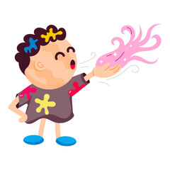 A flat style sticker of kid blowing powder colour 

