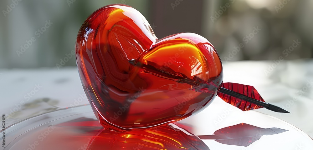 Poster a visually stunning 3d rendering of a love heart with an arrow through it, featuring vibrant red hue