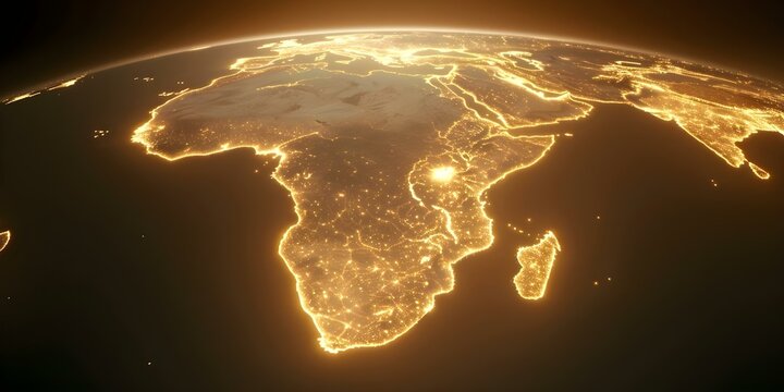 A stunning image of the African continent outlined in glowing light. Concept African continent, glowing light, stunning image, geography, landform