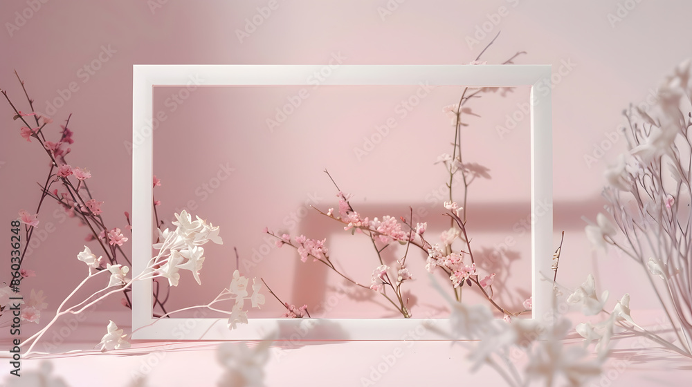 Aufkleber Creative layout made with flowers and white frame Spring minimal concept Nature background : Generative AI