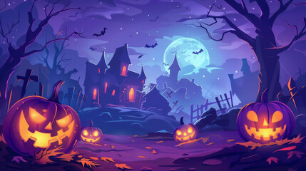 Spooky Halloween night with glowing pumpkins and an eerie vibe captured in this vector illustration. ID_4a4402a8-755d-4549-9a7d-65a8f011b6c3 --ar 16:9 Job ID: 6618c0ca-d4de-4da8-a51e-41be129af49f
