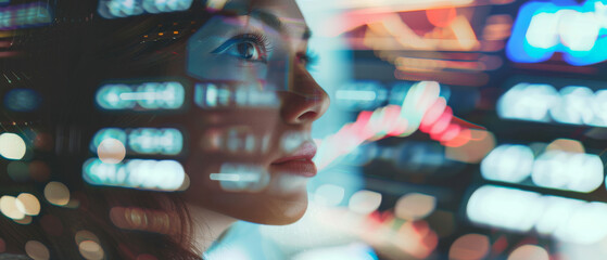 A focused woman is seen with multiple colorful data representations overlapped on her face, symbolizing deep engagement with complex information.