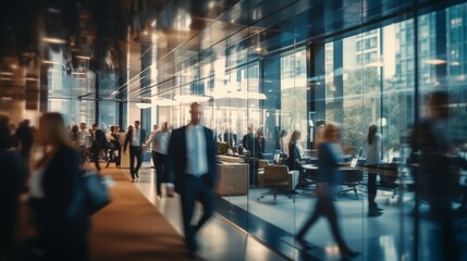 A blurry image captures the movement of business professionals walking in a modern office building with large glass windows