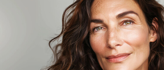 A close-up portrait of a woman with soft features and wavy hair, exuding natural beauty and confidence with a neutral background.
