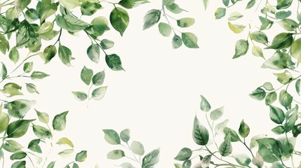 Watercolor frame adorned with verdant leaves against a pristine white backdrop, offering ample space for customization.