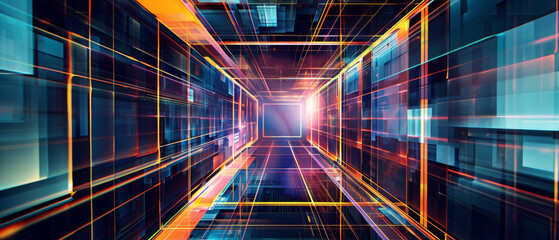 A vibrant digital corridor with neon lights creating an illusion of depth, reminiscent of a futuristic data stream.