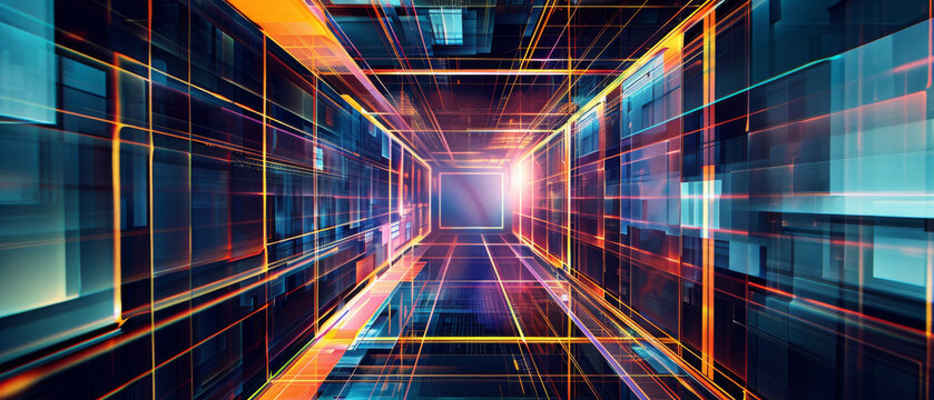 A vibrant digital corridor with neon lights creating an illusion of depth, reminiscent of a futuristic data stream.