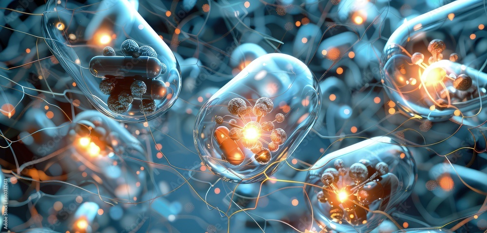 Poster a visually stunning 3d rendering of medical capsules surrounded by transparent cells, with intricate