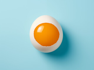A top-down shot of a single, perfectly fried white egg with a bright orange yolk centered on a light blue background