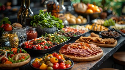 Obraz premium An enticing display of gourmet food arranged on wooden boards at a buffet.