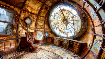 Control room of a grand steampunk airship featuring brass and copper control panels with numerous levers, dials, and gauges. 