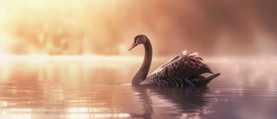 A black swan is gracefully floating on a serene lake with warm, pastel-colored mist enveloping the tranquil scene, creating a dreamlike atmosphere.