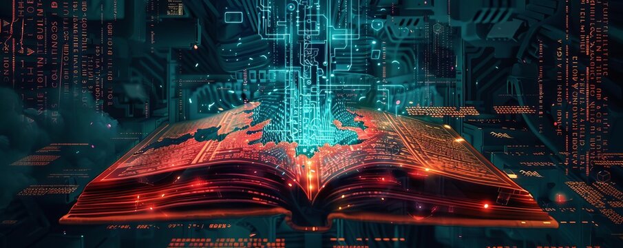 A digital book being devoured by digital malware, birdseye view, illustration, sinister