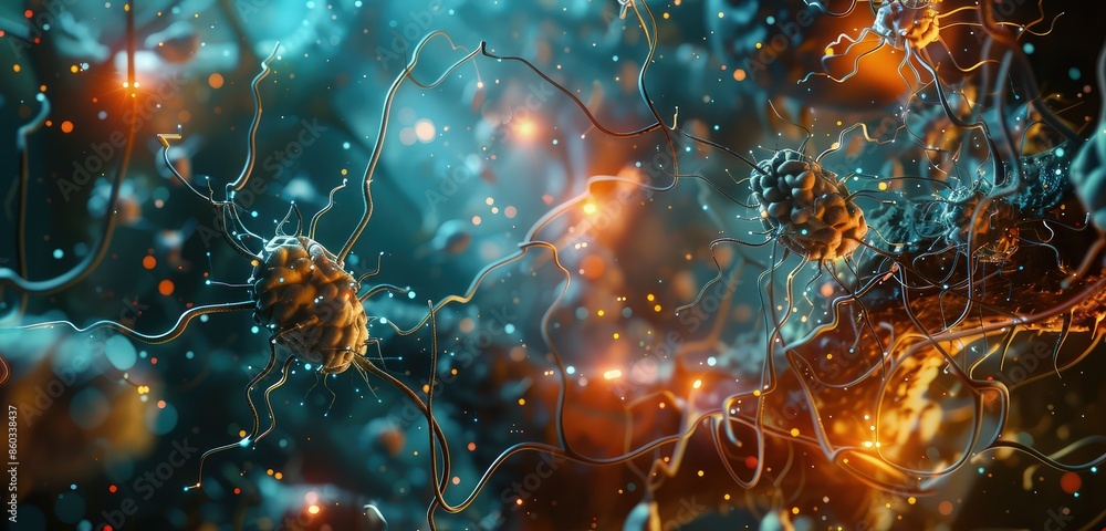 Poster a visually stunning 3d rendering of nerve cells, depicted with intricate detail and surrounded by re