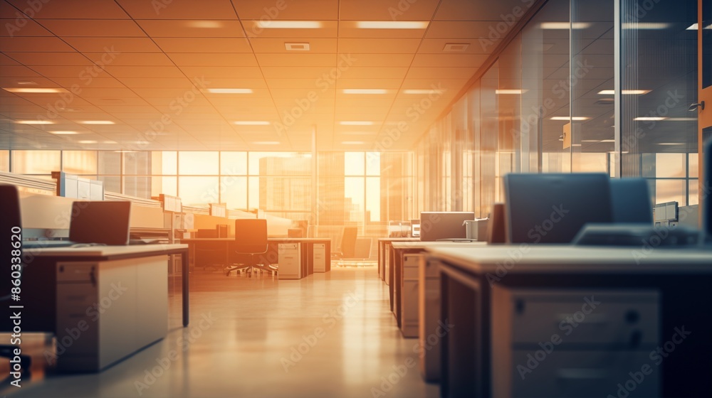 Poster a view of an empty, modern office space during the day. sunlight streams through large windows, illu