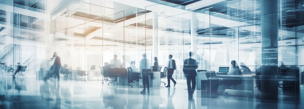 A blurred image of business professionals working in a modern glass office building with a bright, sunny atmosphere