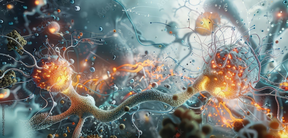 Poster a visually stunning 3d rendering of nerve cells, depicted with intricate detail and surrounded by re