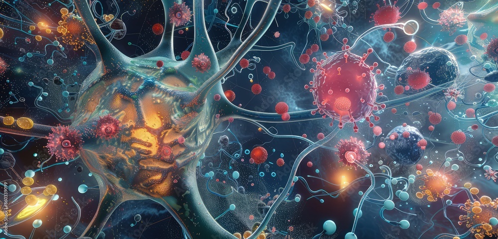 Poster a visually stunning 3d rendering of nerve cells, depicted with intricate detail and surrounded by re