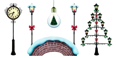 Fantasy Christmas set with lanterns, bridge and clock for a postcard or poster