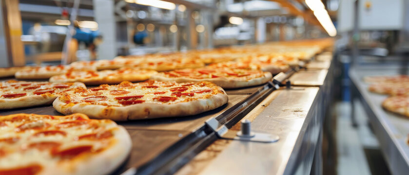 Rows of freshly baked pizzas on a conveyor belt in a food production facility's assembly line.