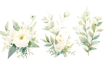 Watercolor illustration of white wedding flowers with green leaves. Perfect for creating invitations, decorations, and other wedding stationery