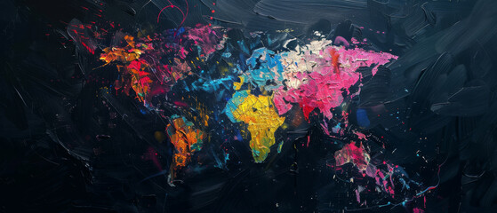 Obraz premium A vivid, abstract world map painted with dynamic splashes of color on a dark canvas, showcasing continents with artistic flair.