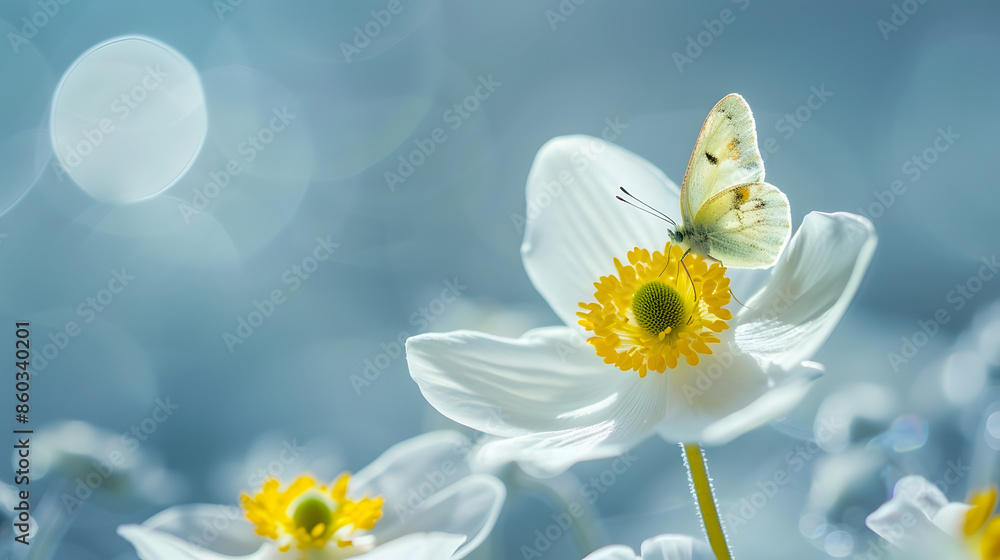 Poster Detail with shallow focus of white anemone flower with yellow stamens and butterfly in nature macro on background of blue sky with beautiful bokeh Delicate artistic image of beauty of  : Generative AI