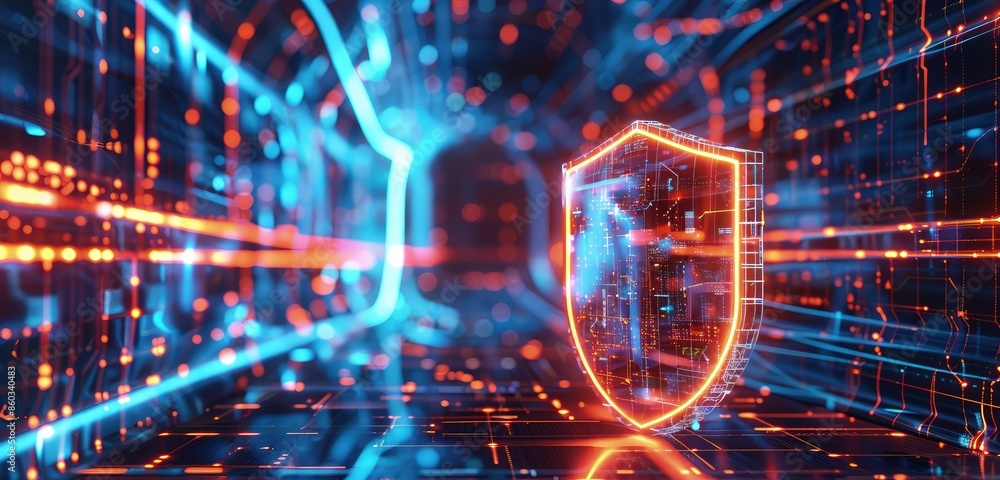 Poster a visually stunning 3d rendering of a safety shield with a futuristic digital backdrop, showcasing b
