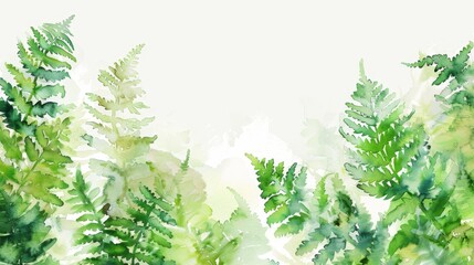 St. Patrick's Day watercolor fern fronds on natural green background with copy space.